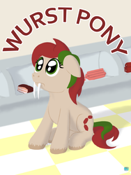 Size: 632x842 | Tagged: safe, artist:quint-t-w, oc, oc only, unnamed oc, sabertooth pony, bacon, butcher, female, floppy ears, food, mare, meat, pun, sad, sausage, sitting, tile, two toned mane, unshorn fetlocks, worst pony, wurst