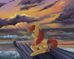 Size: 2000x1600 | Tagged: safe, artist:xjenn9, oc, oc only, oc:amber rose, earth pony, pony, cloud, ocean, scenery, signature, smiling, solo, storm