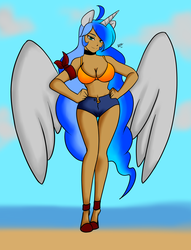 Size: 3024x3960 | Tagged: safe, artist:burningsnowflakeproductions, oc, oc only, oc:lyoko hope, alicorn, human, alicorn oc, beach, belly button, big breasts, bikini, bikini top, breasts, choker, cleavage, clothes, eared humanization, female, high res, horn, horned humanization, humanized, humanized oc, looking at you, shoes, shorts, smiling, solo, swimsuit, winged humanization, wings