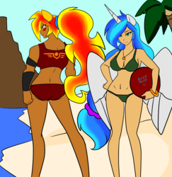 Size: 2664x2736 | Tagged: safe, artist:burningsnowflakeproductions, oc, oc only, oc:lyoko hope, oc:red fire, alicorn, human, alicorn oc, beach, beach ball, belly button, big breasts, bikini, blushing, breasts, cleavage, clothes, eared humanization, female, high res, horn, horned humanization, humanized, humanized oc, jewelry, looking at you, necklace, ponytail, smiling, swimsuit, winged humanization, wings