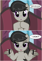 Size: 2210x3230 | Tagged: safe, artist:badumsquish, derpibooru exclusive, octavia melody, earth pony, pony, g4, 2 panel comic, :o, badumsquish strikes again, comic, couch, cursed image, dialogue, female, front view, hand, high res, lidded eyes, looking at you, open mouth, show accurate, shrug, sitting, smiling, smirk, solo, straps, suddenly hands, talking to viewer, vinyl and octavia's home, wat, what a twist