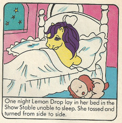 Size: 304x306 | Tagged: safe, official comic, brandy, lemon drop, dog, pony, g1, my little pony vol. 1, my little pony vol. 1 #30, official, bed, coloring error, indoors, insomnia, night, one moonlit night, pet, show stable, sleeping