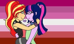 Size: 1242x746 | Tagged: safe, artist:horsegirlpodcast, sci-twi, sunset shimmer, twilight sparkle, human, equestria girls, g4, female, lesbian, lesbian pride flag, pride, pride flag, ship:sci-twishimmer, ship:sunsetsparkle, shipping