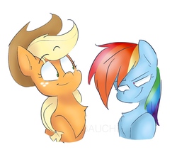 Size: 1200x1015 | Tagged: safe, artist:drawbauchery, artist:paula-li, color edit, edit, applejack, rainbow dash, g4, chest fluff, colored, duo, female, freckles, lesbian, looking at each other, ship:appledash, shipping, simple background, smiling, white background