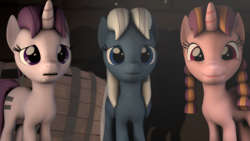 Size: 1920x1080 | Tagged: safe, artist:goatcanon, bacon braids, night glider, sugar belle, comic:lyra's story, g4, the cutie map, 3d, baconbetes, cute, equal cutie mark, equalized, equalized mane, female, glideabetes, mare, source filmmaker, sugarbetes, trio, trio female
