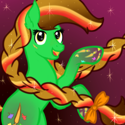 Size: 1181x1181 | Tagged: safe, artist:dyonys, oc, oc only, oc:lucky brush, earth pony, pony, braid, cutie mark, ear fluff, female, gradient background, looking at you, mare, rainbow power, rearing, ribbon, solo, sparkles, starry eyes, wingding eyes