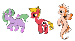 Size: 5500x3000 | Tagged: safe, artist:hirundoarvensis, oc, oc only, betta, earth pony, merpony, pony, unicorn, akabeko, baba yaga, ponified, simple background, transparent background, trio