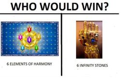 Size: 792x515 | Tagged: safe, avengers: infinity war, debate in the comments, elements of harmony, infinity gauntlet, infinity gems, infinity stones, meme, no pony, the avengers, who would win