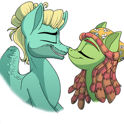 Size: 4860x4848 | Tagged: safe, artist:celestial-rainstorm, tree hugger, zephyr breeze, pony, g4, absurd resolution, bust, clothes, couple, female, headscarf, male, nuzzling, portrait, scarf, shipping, simple background, straight, white background, zephyrhugger