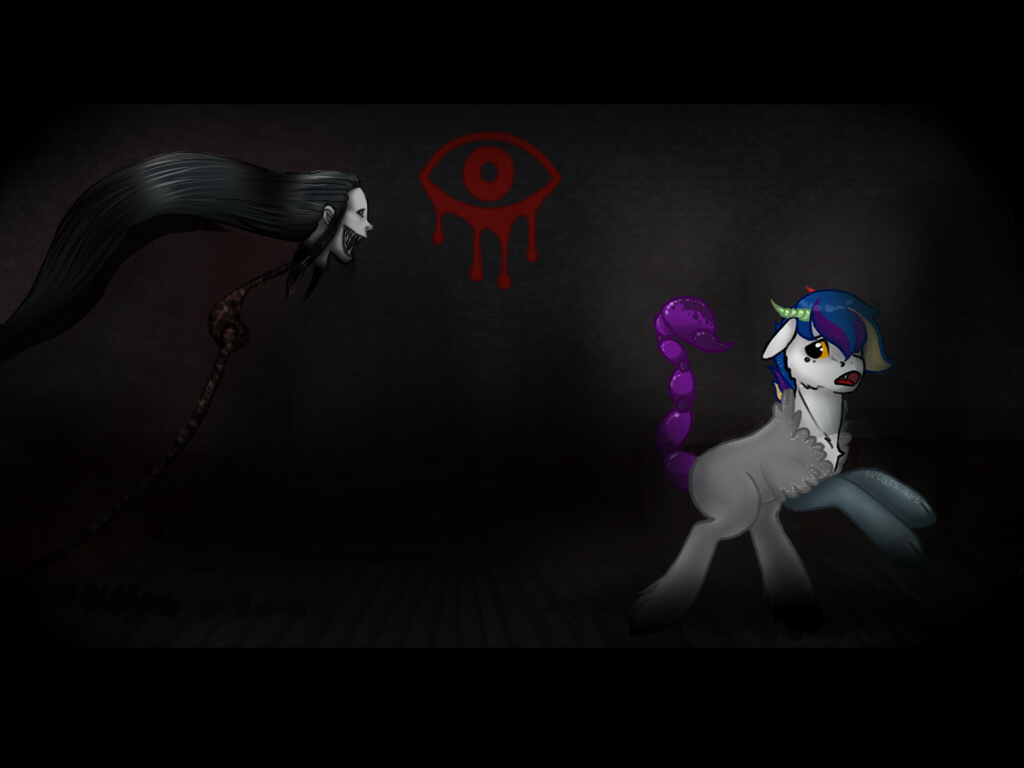 1717873 - safe, artist:evlass, oc, oc:gragg, pony, art, bloody eye,  commission, digital art, eye, eyes, eyes game, frightened, gray, horror,  ponified, running, shadows - Derpibooru