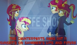 Size: 1024x604 | Tagged: dead source, safe, artist:bluse, artist:huntercwalls, edit, sunset shimmer, fanfic:the counterparts hang out, equestria girls, g4, fanfic, fanfic art, fanfic cover, human sunset, self ponidox, show accurate, stolen art