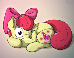 Size: 6251x4881 | Tagged: safe, artist:rainihorn, apple bloom, earth pony, pony, g4, absurd resolution, adorabloom, booty call, bow, cute, cutie mark, female, filly, glowing cutie mark, hair bow, notification, one eye closed, solo, the cmc's cutie marks, waking up