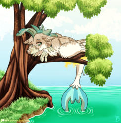 Size: 1024x1044 | Tagged: safe, artist:inuhoshi-to-darkpen, terramar, classical hippogriff, hippogriff, hybrid, seapony (g4), g4, season 8, surf and/or turf, lake, male, sad, sitting in a tree, solo, transformation, tree, water
