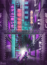 Size: 4000x5500 | Tagged: safe, artist:sol-r, starlight glimmer, pony, unicorn, g4, absurd file size, absurd resolution, city, cyberpunk, female, japanese, lights, looking up, neon, rear view, solo, story in the source, street sign, translated in the comments