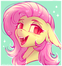 Size: 1200x1279 | Tagged: dead source, safe, artist:lispp, fluttershy, bat pony, pony, g4, abstract background, blushing, bust, ear fluff, fangs, female, floppy ears, flutterbat, happy, mare, open mouth, portrait, race swap, red eyes, slit pupils, solo, sparkles, tongue out, white outline