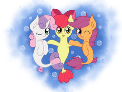 Size: 2048x1536 | Tagged: safe, artist:php142, apple bloom, scootaloo, sweetie belle, pony, seapony (g4), g4, season 8, surf and/or turf, accessory, adorabloom, bow, bubble, cute, cutealoo, cutie mark crusaders, diasweetes, female, filly, fish tail, heart, heart background, looking at you, one eye closed, sea-mcs, seaponified, seapony apple bloom, seapony scootaloo, seapony sweetie belle, smiling, species swap, sweet dreams fuel, tail, underwater, water, wink