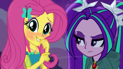 Size: 2000x1124 | Tagged: safe, artist:bigpurplemuppet99, aria blaze, fluttershy, butterfly, equestria girls, g4, my little pony equestria girls: better together, my little pony equestria girls: rainbow rocks, ariashy, blushing, female, geode of fauna, lesbian, looking at you, magical geodes, shipping