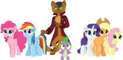 Size: 6176x3041 | Tagged: safe, artist:ejlightning007arts, applejack, capper dapperpaws, fluttershy, pinkie pie, rainbow dash, rarity, spike, abyssinian, cat, dragon, earth pony, pegasus, pony, unicorn, anthro, digitigrade anthro, g4, my little pony: the movie, chest fluff, clothes, coat, cowboy hat, female, hat, male, mare, open mouth, simple background, stetson, transparent background, vector