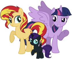 Size: 1179x971 | Tagged: safe, editor:php77, sunset shimmer, twilight sparkle, oc, oc:nyx, alicorn, equestria girls, g4, female, filly, lesbian, ship:sunsetsparkle, shipping, simple background, transparent background, trio, twilight sparkle (alicorn)