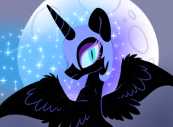Size: 2500x1844 | Tagged: safe, artist:hawthornss, nightmare moon, alicorn, pony, g4, bust, constellation, female, gradient background, lightly watermarked, looking at you, mare, moon, solo, spread wings, watermark, wings