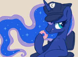 Size: 2500x1844 | Tagged: safe, artist:hawthornss, princess luna, alicorn, pony, g4, chair, clothes, donut, eating, female, food, hat, looking at you, mare, police, police hat, simple background, sitting, solo, tan background