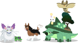 Size: 9043x5000 | Tagged: safe, artist:ambassad0r, angel bunny, gummy, opalescence, owlowiscious, tank, winona, buneary, mightyena, noctowl, purugly, sandile, torterra, g4, absurd resolution, crossover, pets, pokefied, pokémon, recolor, simple background, species swap, spread wings, tongue out, transparent background, vector, wings