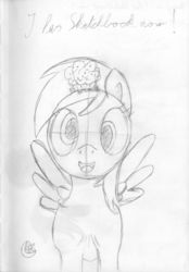 Size: 753x1080 | Tagged: safe, artist:moon flower, derpibooru exclusive, derpy hooves, pegasus, pony, g4, dialogue, english, female, food, front view, grayscale, happy, looking at you, mare, monochrome, muffin, offscreen character, pencil, sketch, smiling, solo, spread wings, standing, traditional art, wings