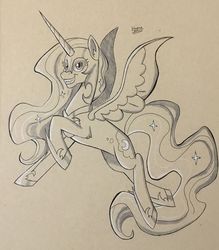 Size: 2450x2800 | Tagged: safe, artist:hypno, nightmare moon, alicorn, pony, g4, female, grayscale, grin, helmet, high res, mare, monochrome, side view, simple background, smiling, solo, spread wings, traditional art, wings