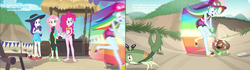 Size: 1911x535 | Tagged: safe, screencap, fluttershy, pinkie pie, rainbow dash, rarity, aww... baby turtles, equestria girls, g4, my little pony equestria girls: better together, too hot to handle, animation frame, beach, clothes, comparison, feet, female, flip-flops, geode of fauna, geode of sugar bombs, geode of super speed, magical geodes, sandals, snow cone, swimsuit, wetsuit