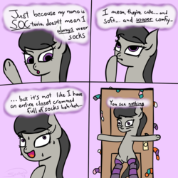 Size: 2000x2000 | Tagged: safe, artist:soctavia, oc, oc only, oc:soctavia, earth pony, pony, background pony, bipedal, blank flank, clothes, comic, denial, female, gilligan cut, high res, mare, nervous, socks, solo, striped socks, suspiciously specific denial, that pony sure does love socks