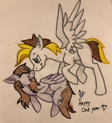 Size: 713x786 | Tagged: safe, artist:lilac pone, oc, oc only, oc:ban pinna, oc:lilac sciath, pegasus, pony, anniversary, brown mane, brown tail, couple, feather, female, happy, happy anniversary, laughing, love, lying down, male, mare, nuzzling, present, smiling, stallion, standing, standing over, traditional art, white fur, wings, yellow mane, yellow tail
