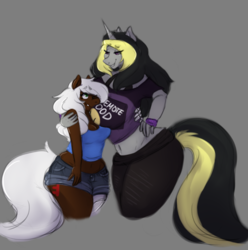 Size: 1023x1031 | Tagged: safe, artist:unicornanuses, oc, oc only, oc:hazel capulus, oc:mitternacht von kloudette, earth pony, unicorn, anthro, big breasts, breasts, digital art, duo, female, gray background, huge breasts, mare, prosthetics, simple background, size difference
