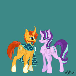 Size: 1024x1024 | Tagged: safe, artist:rmv-art, starlight glimmer, sunburst, pony, unicorn, g4, beard, chest fluff, clothes, curved horn, cutie mark, duo, facial hair, female, horn, looking at each other, male, mare, missing accessory, robe, signature, simple background, smiling, stallion, sunburst's cloak, watermark