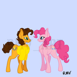 Size: 1024x1024 | Tagged: safe, artist:rmv-art, cheese sandwich, pinkie pie, earth pony, pony, g4, chest fluff, clothes, cutie mark, duo, female, looking at each other, male, mare, shirt, simple background, smiling, stallion, watermark