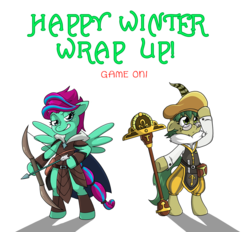 Size: 2751x2550 | Tagged: safe, artist:willdabeard, earth pony, pegasus, pony, semi-anthro, armello, armor, arrow, bipedal, bow (weapon), bow and arrow, fanart, female, games, gift art, grin, hat, high res, hoof hold, leather armor, lidded eyes, looking at you, mare, ponified, raised eyebrow, simple background, smiling, smirk, spread wings, staff, weapon, white background, wings