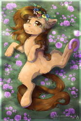 Size: 1024x1536 | Tagged: safe, artist:serenity, oc, oc only, oc:snapple, pony, floral head wreath, flower, hoof in air, hooves, solo, sunlight, ych result