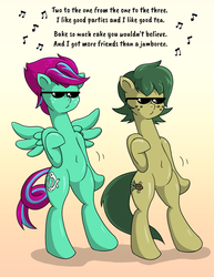 Size: 2550x3300 | Tagged: safe, artist:willdabeard, oc, oc only, earth pony, pegasus, pony, colored, dancing, eminem, glue70, green mane, high res, lyrics, nate dogg, pink mane, pun, shake that (song), shokk, song, song reference, sunglasses, text, wrong neighborhood, you reposted in the wrong neighborhood