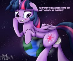 Size: 1800x1500 | Tagged: safe, artist:novaspark, twilight sparkle, alicorn, pony, g4, blushing, butt, dialogue, earth, embarrassed, female, floppy ears, giant pony, macro, mare, moon, planet, plot, pony bigger than a planet, solo, space, twilight sparkle (alicorn)