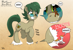 Size: 5250x3600 | Tagged: safe, artist:willdabeard, oc, oc:vanilla beam, oc:zd, earth pony, pegasus, pony, brown fur, brown mane, comic, freckles, glasses, green mane, hooves, macro/micro, micro, orange mane, pint sized pony podcast, podcast, simple background, stomping, text