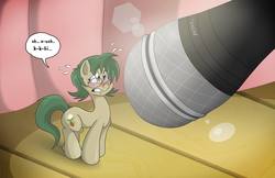 Size: 2040x1320 | Tagged: safe, artist:willdabeard, oc, oc:nutmeg, earth pony, pony, comic, curtains, female, lens flare, micro, microphone, nervous, shy, solo, sweat