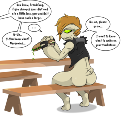 Size: 3450x3300 | Tagged: safe, artist:willdabeard, oc, oc only, oc:breakfang, diamond dog, angry, ass, bench, butt, chewing, clothes, comic, dripping, eating, female, female diamond dog, food, glare, gloves, high res, jacket, large butt, offscreen character, picnic, sandwich, simple background, sitting, solo, thighs, transparent background