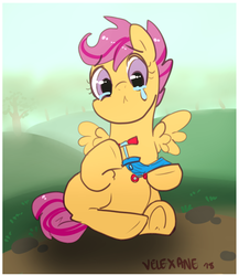 Size: 1151x1329 | Tagged: safe, artist:velexane, scootaloo, pony, g4, 30 minute art challenge, crying, giant pony, macro, scooter, sitting