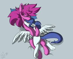 Size: 1280x1024 | Tagged: safe, artist:aurorafang, oc, oc:aurorafang, oc:flurry, pegasus, pony, unicorn, couple, cuddling, female, flurora, male, mare, nap, pillow, ponytail, sleeping, stallion, underhoof, wings