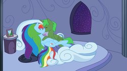 Size: 1024x576 | Tagged: safe, artist:cadetredshirt, rainbow dash, oc, oc:green thunder, alicorn, pegasus, pony, g4, alicorn oc, alternate hairstyle, alternate universe, bed, bedroom, canon x oc, commission, cuddling, female, flat colors, kissing, male, never doubt blaa6 involvement, night, straight