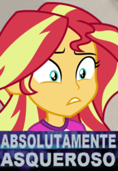 Size: 400x577 | Tagged: safe, edit, edited screencap, screencap, sunset shimmer, equestria girls, g4, my little pony equestria girls: legend of everfree, absolutely disgusting, cropped, female, meme, portuguese, solo, spanish