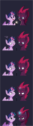 Size: 1608x6002 | Tagged: safe, artist:tabu-rat, fizzlepop berrytwist, tempest shadow, twilight sparkle, alicorn, pony, unicorn, my little pony: the movie, beanbrows, broken horn, comic, cute, duo, eye scar, eyebrows, female, glowing horn, horn, magic, mare, scar, simple background, smiling, smoke, sparkler (firework), twilight sparkle (alicorn), wings