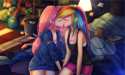 Size: 2000x1200 | Tagged: safe, artist:tcn1205, fluttershy, rainbow dash, human, g4, bed, book, clothes, duo, electric guitar, eyes closed, female, guitar, hoodie, humanized, kiss on the lips, kissing, lesbian, musical instrument, ship:flutterdash, shipping, sweater, trash can