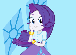 Size: 1024x737 | Tagged: safe, artist:tabrony23, rarity, equestria girls, g4, adorable face, beautiful, belt, black belt, blouse, blue background, bracelet, breasts, clothes, cute, diamonds, female, gold, hand on face, innocent, jewelry, light skin, looking at you, raribetes, show accurate, simple background, skirt, smiling, solo