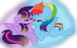 Size: 1672x1040 | Tagged: safe, artist:rainbows-skies, rainbow dash, twilight sparkle, alicorn, pegasus, pony, g4, blushing, eyes closed, female, lesbian, nuzzling, prone, ship:twidash, shipping, simple background, transparent background, twilight sparkle (alicorn)