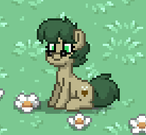 Size: 206x191 | Tagged: safe, oc, oc:nutmeg, pony, pony town, brown fur, flower, glasses, grass, green eyes, green mane, pixle, sitting, smiling